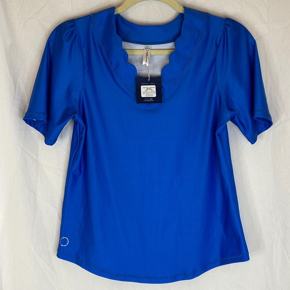 The Bubble Tops - The Bubble Emily Top NWT Women's XS Short Sleeve‎ Scalloped Neck Top Blue
